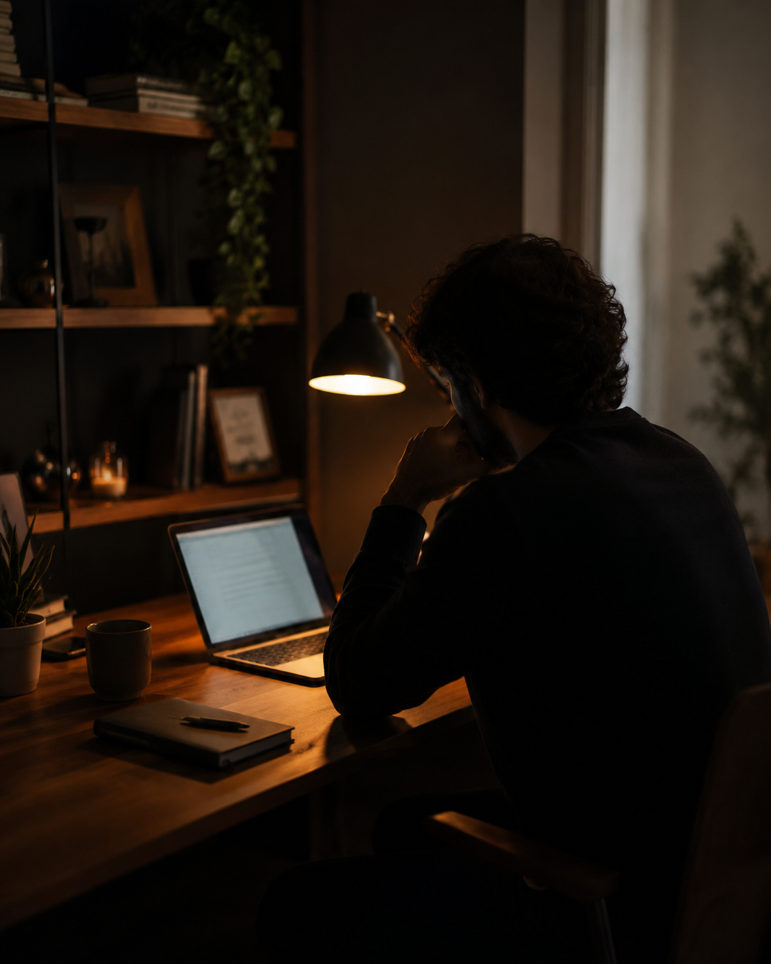 Temporary example showing an anonymous founder working at a desk with identity protected