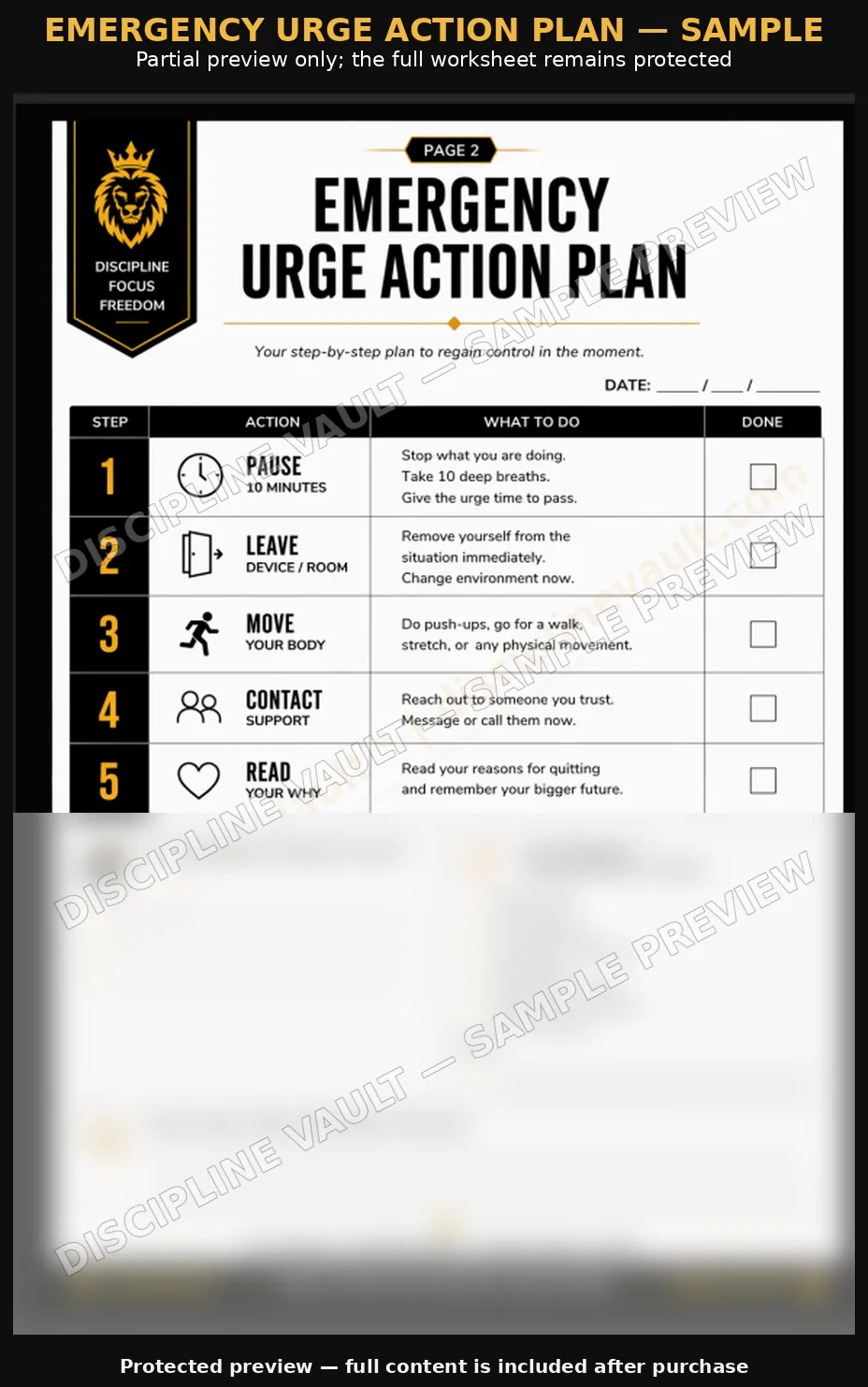 Watermarked partial preview of the Emergency Urge Action Plan worksheet
