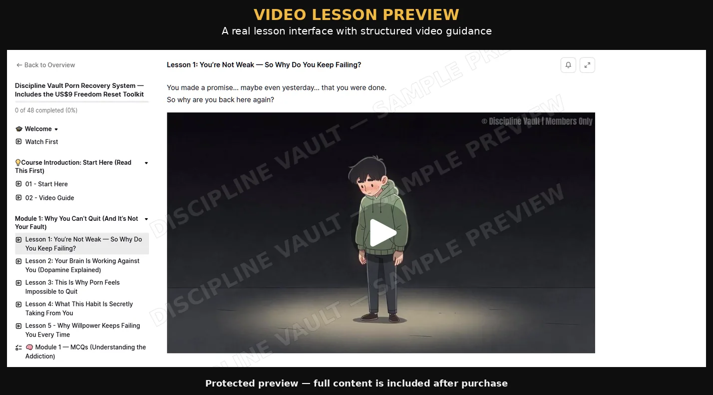 Protected preview of a Discipline Vault video lesson and course navigation